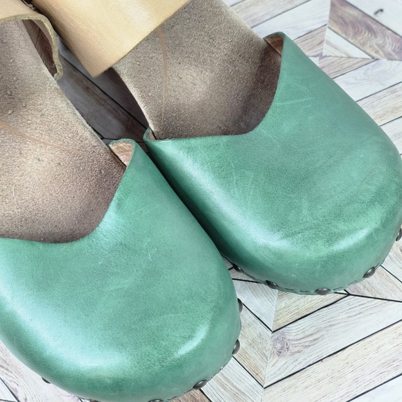 Dansko Thea Wooden Sandals Size 40 US 9 Green Tan Leather Clogs Mary Jane Heels - Picture 3 of 9